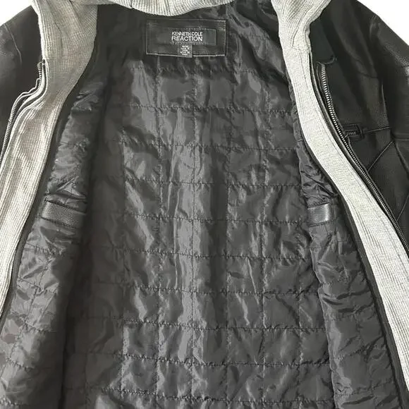 KENNETH COLE Vintage Mens M/L Black Bomber Moto Jacket w/ Zip-Out Fleece Hood - Picture 9 of 9